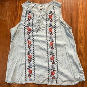 Old Navy, blue tank top blouse with design, size L
